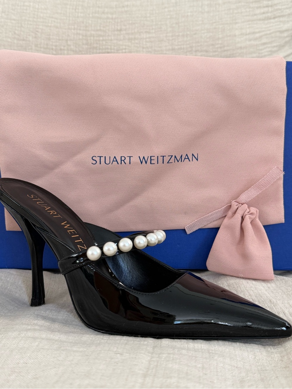 Stuart Weitzman Black Patent Pearl-Embellished Slingback Pump